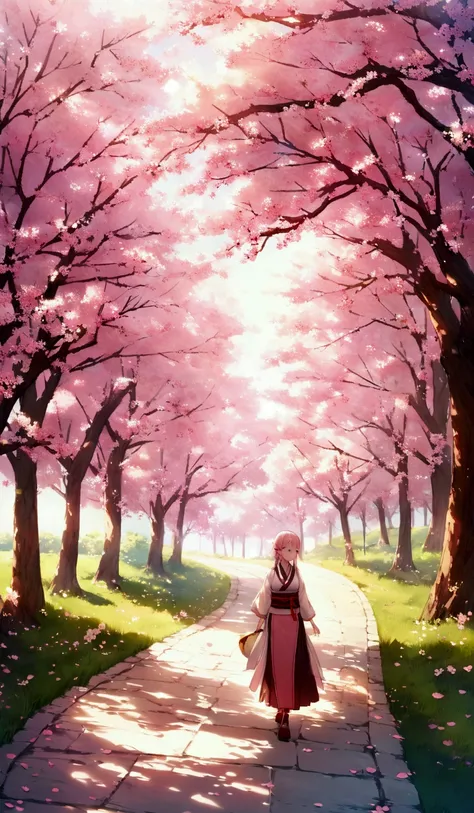 Create a japanese style anime of A winding road curves alongside a serene river, canopied by cherry blossom trees in full bloom. A lone cyclist pedals along the path, the character should be one of the anime style, enjoying the picturesque spring scenery. ...