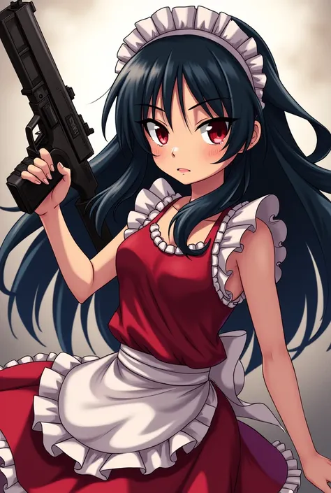 Girl with long black hair and short cherry-colored maid outfit. He carries a gun in his hand. That looks like baby 5 character from One piece 