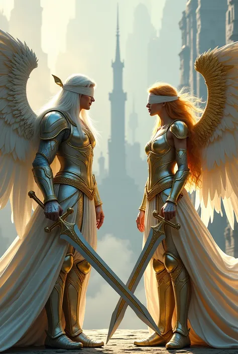  male angel, with long white hair, with helmet, blindfolded, silver armor, white wings and sword with details, an angel with golden hair, blindfolded, golden armor with a fabric detail that floats above the head, white wings with gold details. two daggers,...