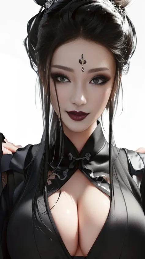 (（（Perfect body,（（（zhizhu，Chinese style clothing, dark clothing）））,（（（zhizhu，Black hair, curly hair, facial makeup, black lips,））），((masterpiece)),high resolution, ((Best quality at best)),masterpiece,quality,Best quality,（（（ Exquisite facial features,Look...