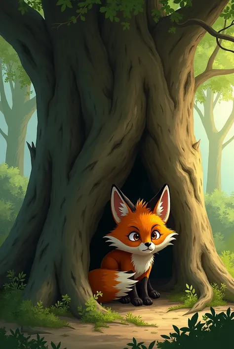 Illustration of a. Fox hiding behind a tree in fear
