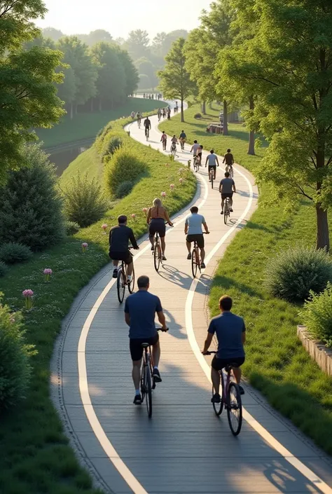 Well demarcated cycle path, reflective bumpers, LED lighting with solar panels, cyclists 