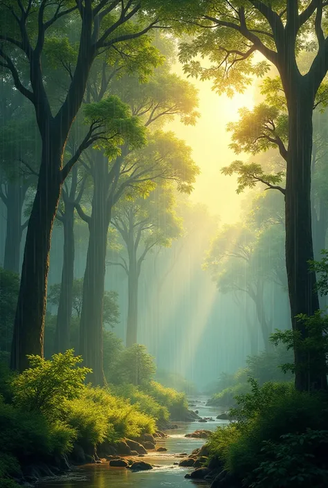 A nature picture that have sun light and rainy season blowing air at the trees.