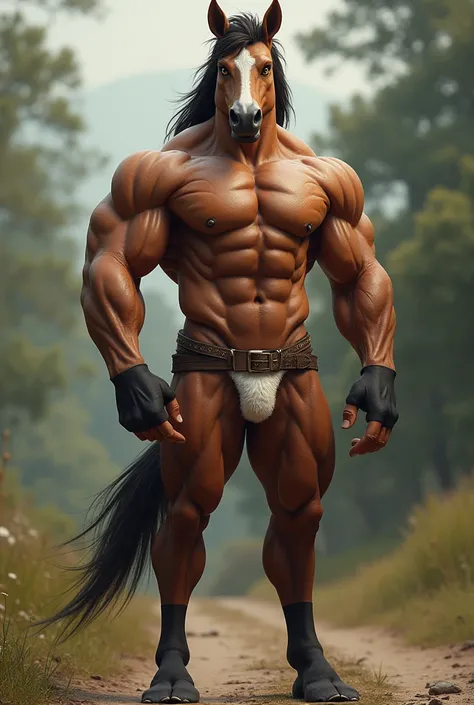 anthro (horse), adult, solo, male, pose, fit body, topless, nude, equine penis, tails, looking at viewer, detailed eyes, realistic hands, realisitic fur, detailed fur, pubic hair, veiny muscles, (outside background), photorealistic