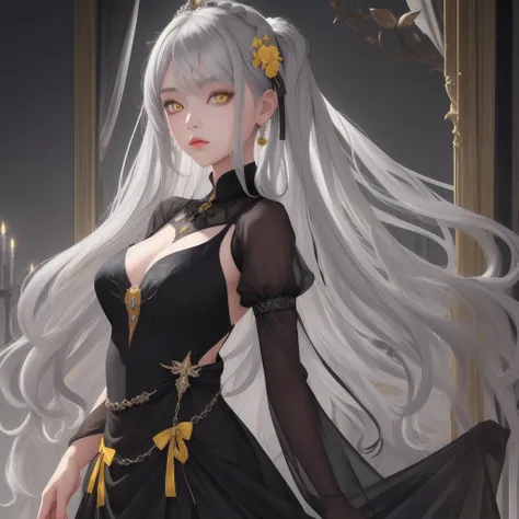 masterpiece, best quality, girl, cute, gray hair, long, yellow eyes, black dress, upper body