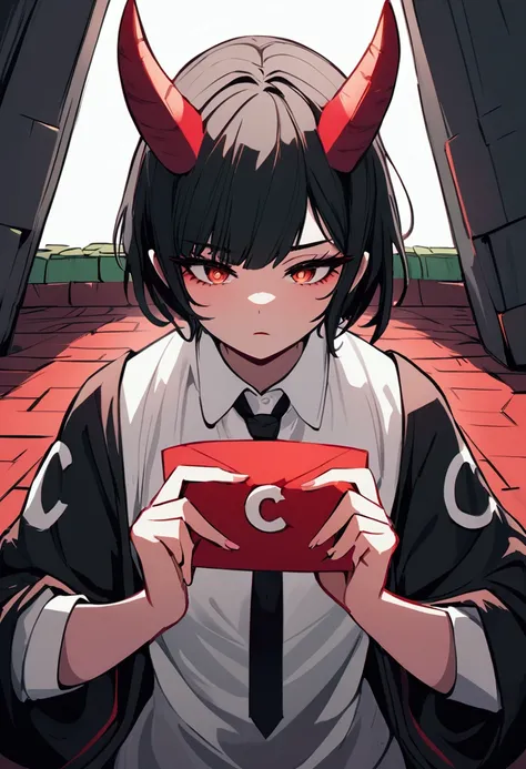 make fan art, white shirt with black sleeves with the letter C written on it, black hair with red minecraft horns