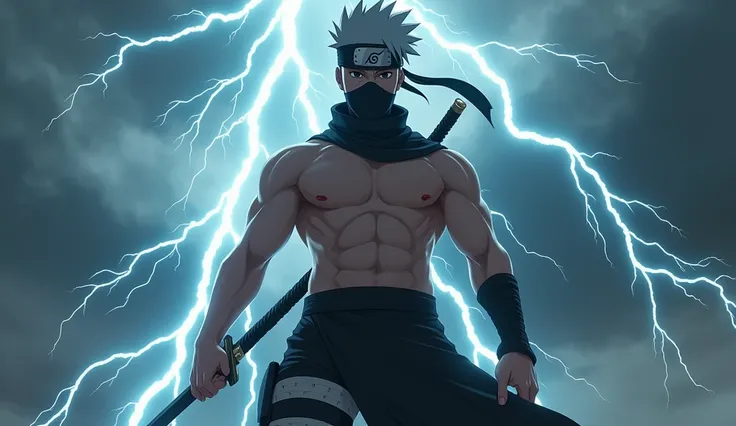 Kakashi with sword in hand and physique shirtless black lower no scarf lightening background 