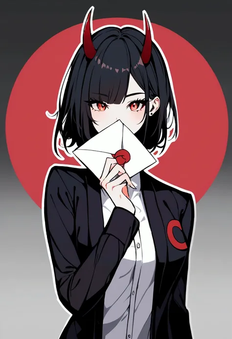 make fan art, white shirt with black sleeves with the letter C written on it, black hair with red horns