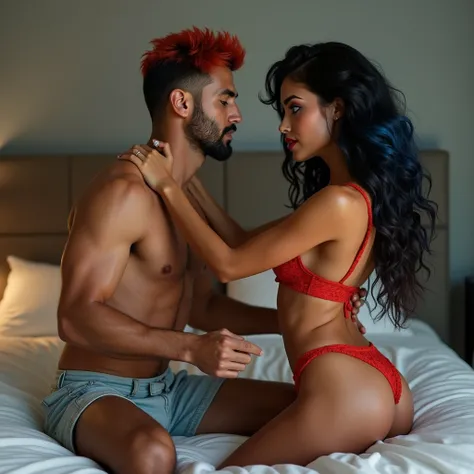 In the bedroom wearing sexy pjs as she teases her bf by pushing him onto the bed gorgeous,Indian male, with brown skin,stubble,blue eyes,red hair, muscles wearing beach shorts full view 8k  southern tanned Caucasian female with long thick black wavy hair, ...