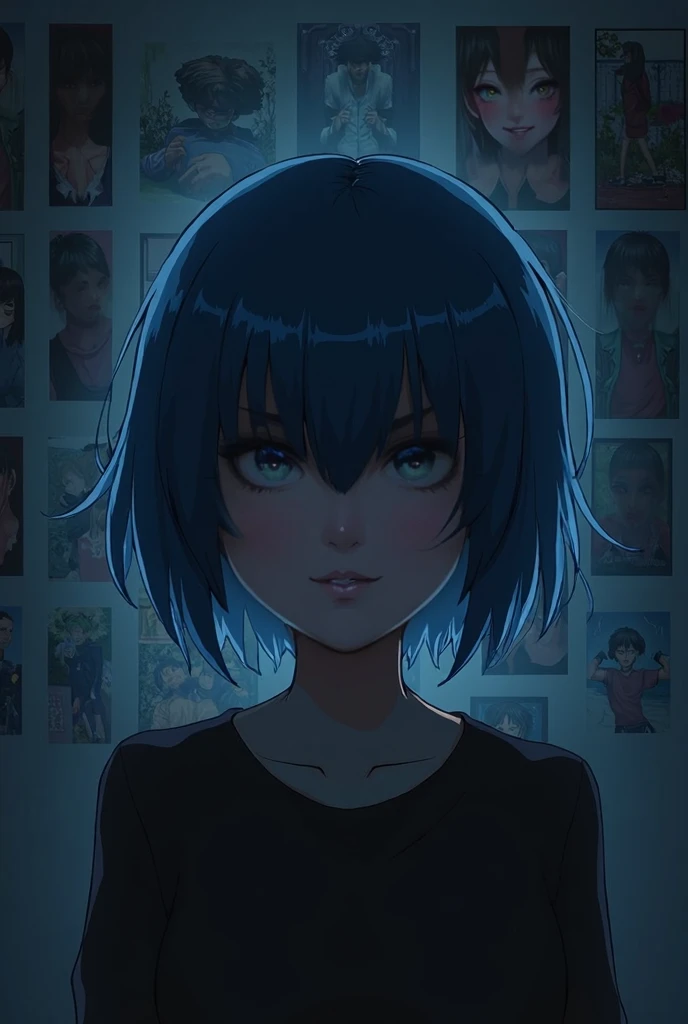 Yandere girl with blue short hair looking angey at the camera, dark room with a lot pictures of a boy in the walls bg