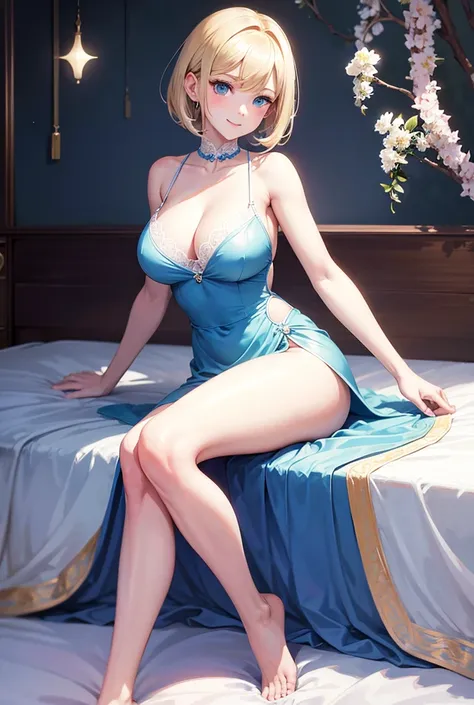 Anime style, super fine illustration, highly detailed, beautiful detailed, pale tone image, static representation, gentle expression, 8k, pretty 1girl with blonde straight short hair & blue eyes & a bright smile & big breasts & soft fair skin is wearing th...