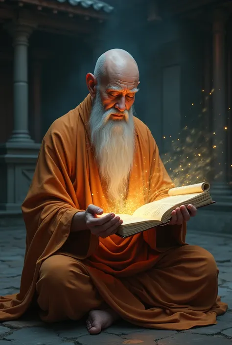 create a monk holding a scroll and several lights coming out of the scroll 