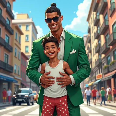 The picture shows Cristiano Ronaldo standing on a busy road in a green suit and sunglasses. She is leaning over Cristiano Junior, who is wearing a white tank top and blue shorts with pink and white polka dots. Cristiano junior is standing in front of Crist...