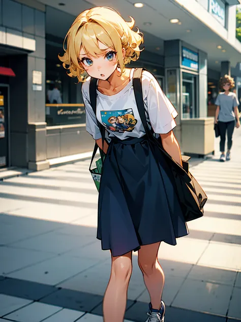 Female, blonde hair, short and curly, casual dress, sneakers, surprised look, mall entrance.