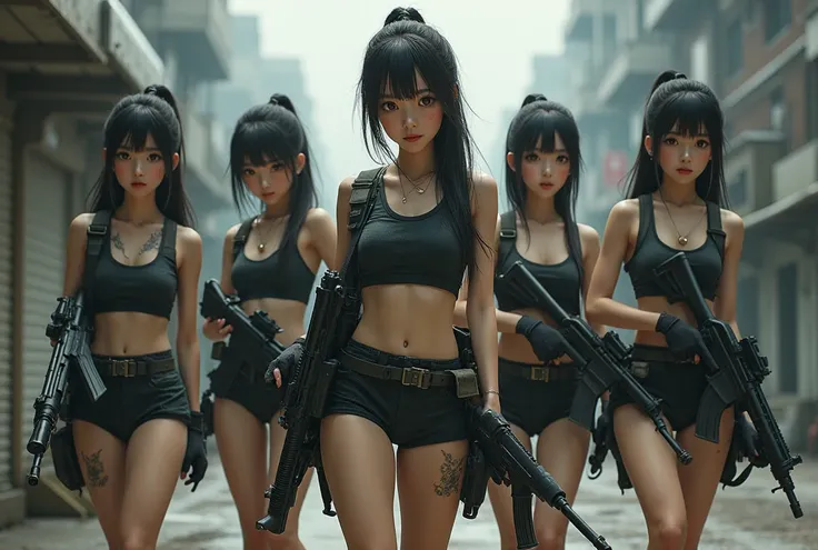 Japanese. Five lightly armed pitiable beautiful girl soldiers wearing compression Leggings shorts.