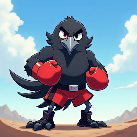 anthropomorphic character, of a crow, corvo do Brawl Stars, cos, grown-up, eyes with dark, round eyebrows, red shorts, Black boots, standing pose, looking at side, Smooth dark skin, black feathers, face with short gray beak, standing on one leg, red boxing...