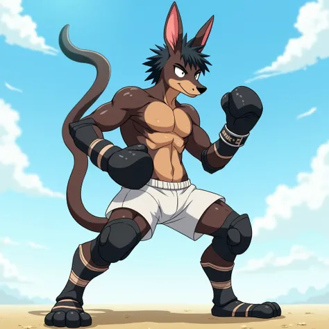 anthropomorphic character resembling a dark brown kangaroo, dark brown hair, a little muscular, short black hair, face with snout, wearing white shorts, Black boxing gloves, and arm and leg protectors, standing on one leg, clenched fists, action pose, look...