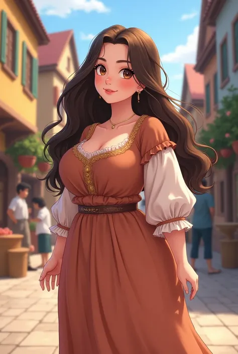 Brunette Hair, chubby body, smiling, deep Brown eyes, full body, Closed Mouth, High Quality, Wavy Hair, Anime Style, Anime, Character Design, plus size, curvy, Digital Art, young adult, Very Long Hair, bustling town back round, medieval dress, pale skin, 