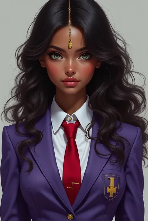 "A  girl with brown skin and dark green eyes, long curly hair with a golden lock on the forehead. He wears a purple school uniform with a white shirt and a red tie., complemented with black high boots. Her style is elegant and sophisticated., with a touch ...