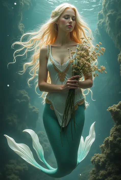 a wet ink-color renaissance ancient art style, full body, face detailed, hight detailed, panoramic shot, the beautiful mermaid, holding flowers, light aura, long blonde hair fluttering backwards, red elegant costume looked intricate and refined.8k 