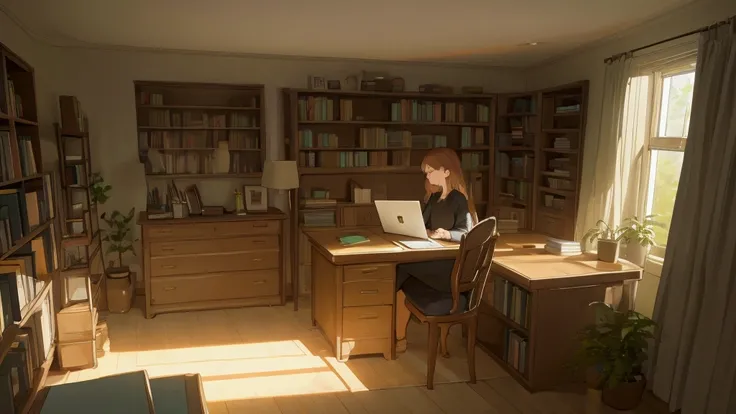 woman sitting at her desk with a laptop, natural lighting, indoor, home office, built in shelves, black shelves, books, framed abstract art, note pads on desk, desk lamp, white curtains, large window, greenery, warm atmosphere, soft shadows, light from lef...