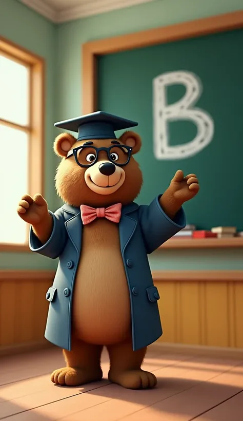 An Bear is teaching the "english letter B" on a blackboard. The image is sharp and clear (there is no background blur), precisely drawn (the letter "B" is in capital and small), concept art for childrens educational games, a picture for kindergarten textbo...