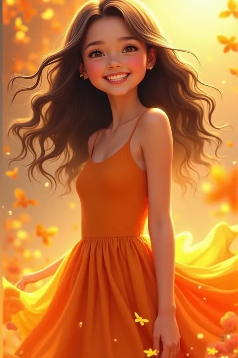 Girl wearing orange  dress 
And she is happy
