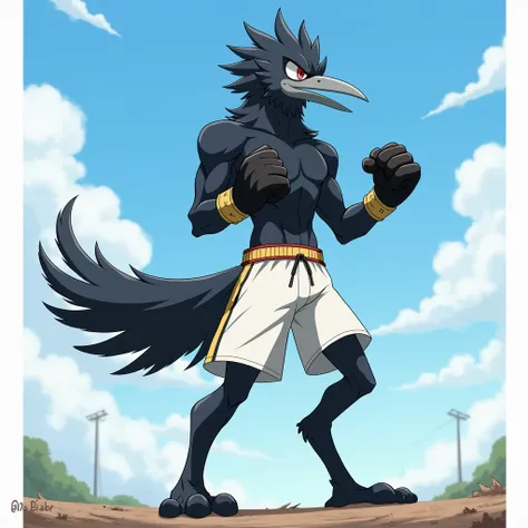 anthropomorphic character resembling a crow, black feathers, a little muscular, short black hair, face with short gray beak, wearing white shorts, Black boxing gloves, and arm and leg protectors, standing on one leg, clenched fists, action pose, looking de...