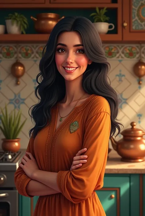 Arabian woman, in kitchen, smile 