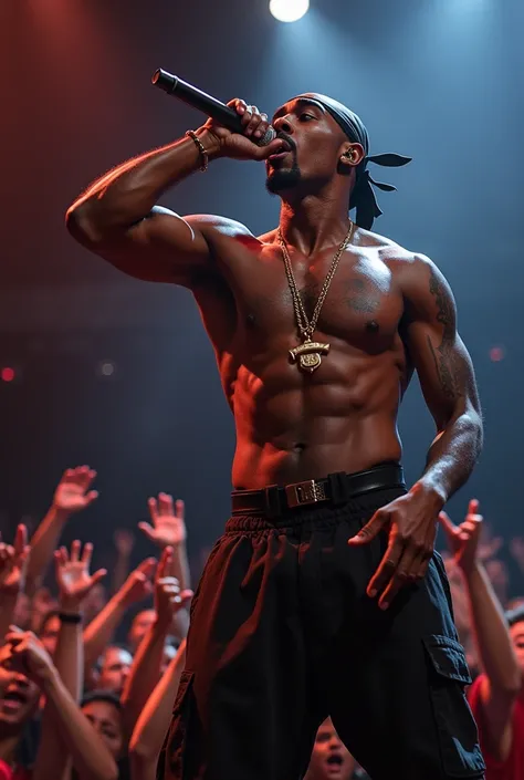 Tupac Shakur performing on stage with intense emotion