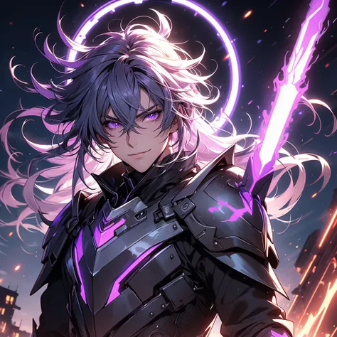 ((masterpiece)), (best quality), (ultra-detailed), (best illustration), (best illumination), photorealistic, 1boy, solo, long hair, lilac hair, lilac eyes, black armor, lilac armor, multicolored armor, hammer hero, crazy, metal halo behind, dark aura, obse...