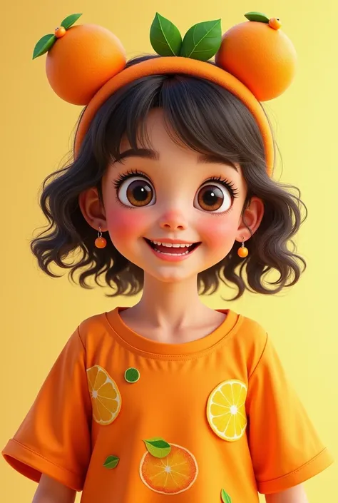 Girl wearing orange fruit   
And she is happy
