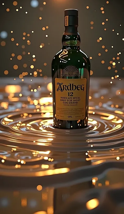 1 whiskey bottles, Place on the water surface、Ripples on the surface of the water、From left to right, The label has:

1.緑のボトルのArdbeg 12  label on a black background、Dim lighting、Enhances the golden and amber hues of the whiskey、