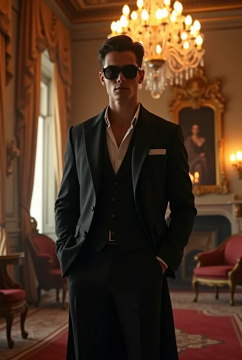 In a grand, opulent mansion adorned with lavish furnishings and ornate decor, a strikingly handsome 20-year-old man stands at the center of the room. He exudes an air of sophistication and mystery, dressed in a sleek black fancy jacket and black sunglasses...