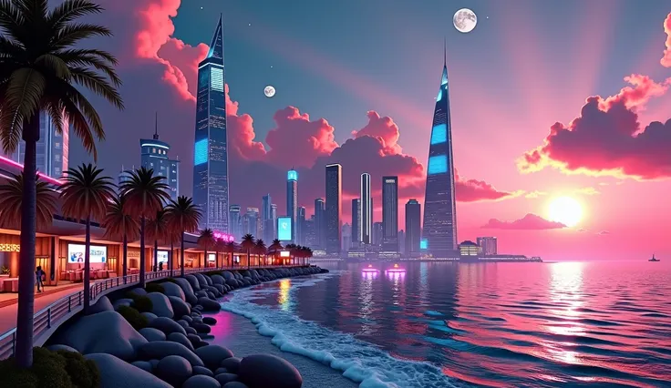 A widescreen view of a futuristic metropolis located on the ocean coast at sunset. The city consists of majestic skyscrapers covered with neon lights that reflect in the calm water. Tall palm trees grow along the promenade, under which walkways run. In the...