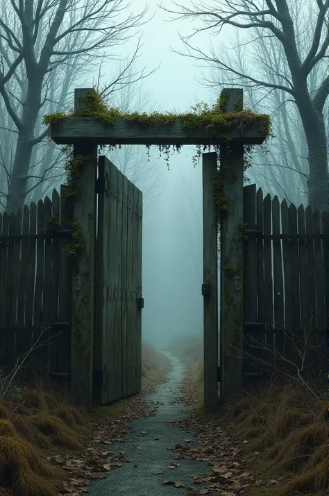 A small abandoned wooden gate, behind there is a forest with leafless trees, The sky is gray and cloudy