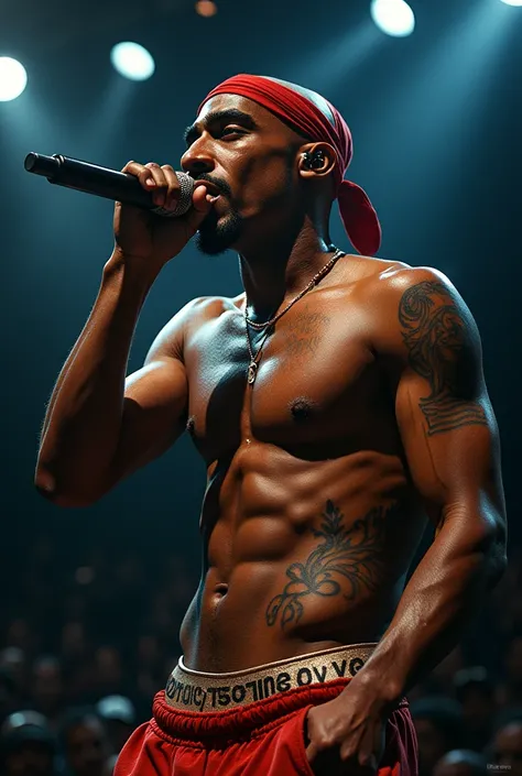 Tupac Shakur performing on stage with intense motion tattoo on stomach INVICTUS KCHDOM REALISM 