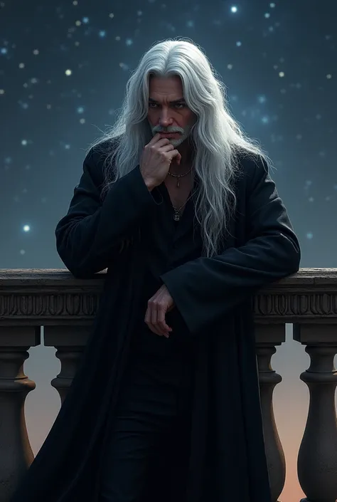 Create a prince of hell, that is beautiful and attractive, that has long white hair, That he is dressed in a long and elegant black robe, that is leaning on a luxurious balcony, that he is resting his chin on his left hand and is looking at the horizon, pu...