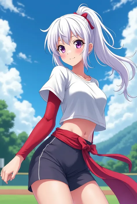 HD、Animation style、white hair 、Purple Eyes、girl、High school student 、single ponytail、Baseball player、Light color short sleeve top、Long sleeve red underwear、plump breasts、Good shape、Thin、sash、Sky、cloud、sunny、Baseball field