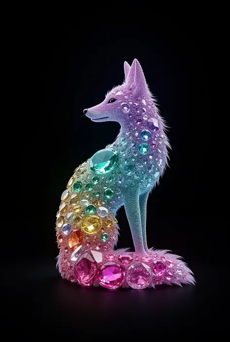 Album cover featuring a silhouette of a fox made of diamond-like gemstones, rubi, emerald, sapphire, pink tourmaline, amethyst and malachite. black backdrop