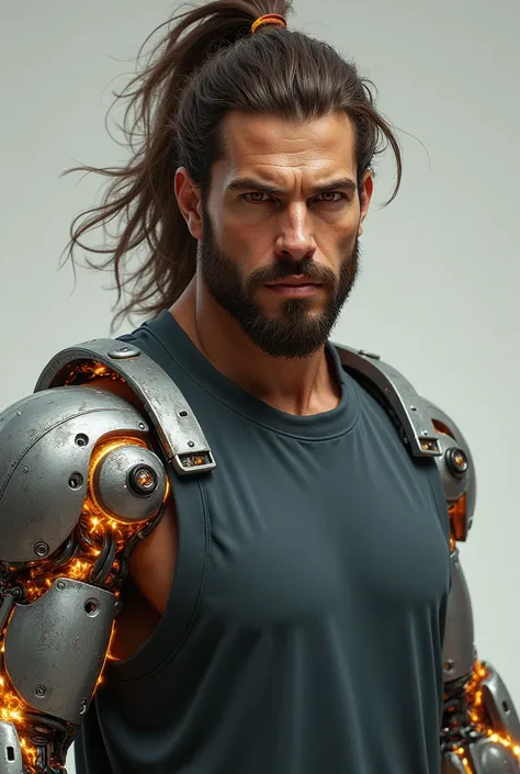 man with robotic arms wearing sleeveless sweatshirt, has brown eyes, brown ponytail, crackling energy, has a light beard