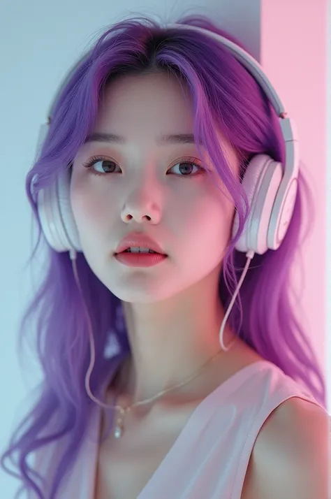 Korean purple hair butterfly woman with headphone showing her flawless skin close up commercial perfect face 