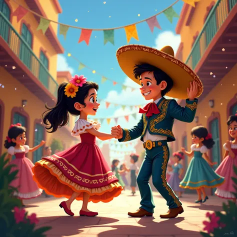 a disney art mariachi kid and girl with mexican dress dancing with mexican party in back