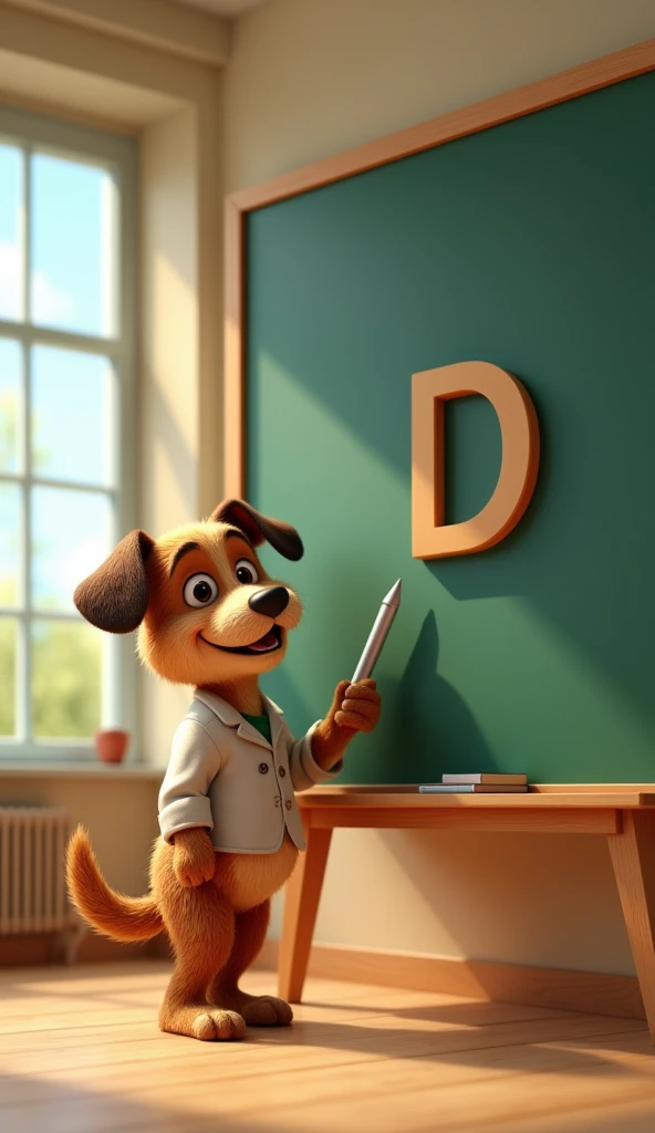 An Dog is teaching the "english letter D" on a blackboard. The image is sharp and clear (there is no background blur), precisely drawn (the letter "D" is in capital and small), concept art for childrens educational games, a picture for kindergarten textboo...