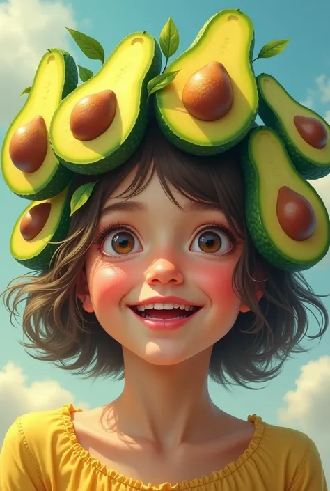 A  wearing  avocado fruits  and she is happy
