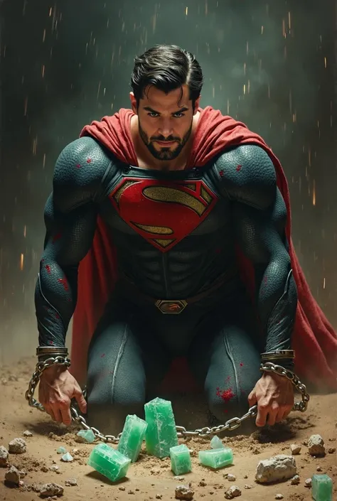 Henry Cavill, attractive, with short beard, muscled body, dressed in a Superman costume, chained, bright green crystals on the ground, knees on the ground; painting by caravaggio; looking into the dark; Super realism; open arms hands chained with metal sha...