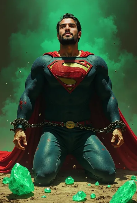 Henry Cavill, attractive, with short beard, muscled body, dressed in a Superman costume, chained, bright green crystals on the ground, knees on the ground; painting by caravaggio; looking into the dark; Super realism; open arms, Hands chained with shackles...