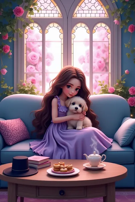 "Create a highly detailed fantasy art illustration featuring a cozy, magical living room scene. The central character is a young woman lounging comfortably on a plush sofa, dressed in a flowing purple dress with soft, light ruffles. She has long, wavy brow...