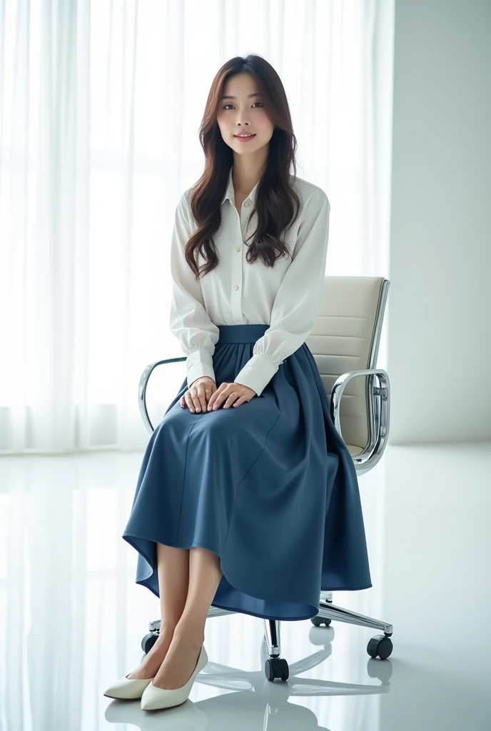 A beautiful lady, asian, Japanese,
Long hair, 
Medium height,
Straight sitting on an office chair in a white conference room,
Wearing a long sleeves white shirt,
Wearing a indigo blue leather big circle long full skirt ankle length covered the legs,
Wearin...