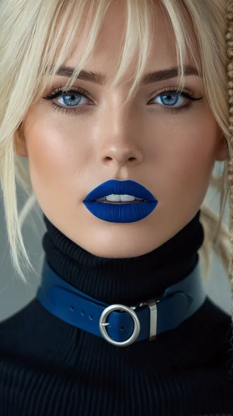 UHD ultra precise 8K digital copy of a long blond hair, wearing a ribbed black turtleneck, standout blue choker belt with silver buckle, subtle casual indoor setting, soft natural lighting, calm and stylish atmosphere, close-up perspective, sharp focus on ...